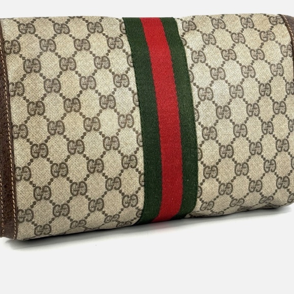 GUCCI GG Clutch Bag Red/Green Sherry Line GG Web PVC Leather Brown Clutch - Picture 2 of 10